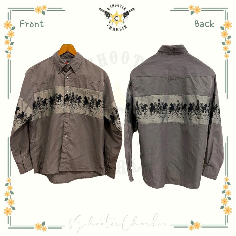 Vintage Scorpio Men's L/S Shirt Small Grey Silver Horse Theme Pearl Snaps